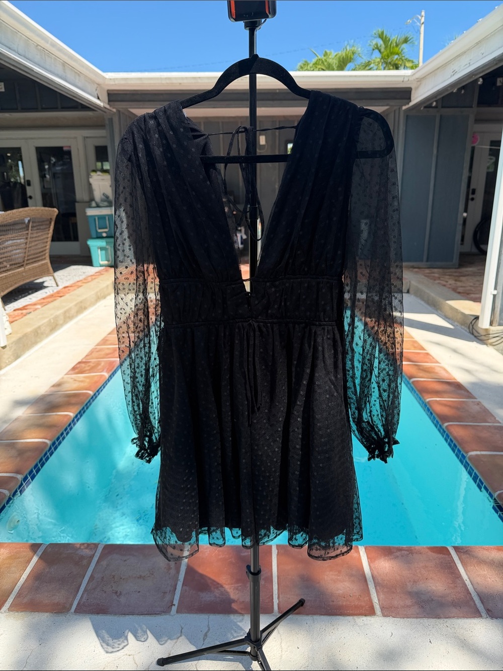 Lulu’s Black V-Neck Long Sleeve Sheer Dot Dress
